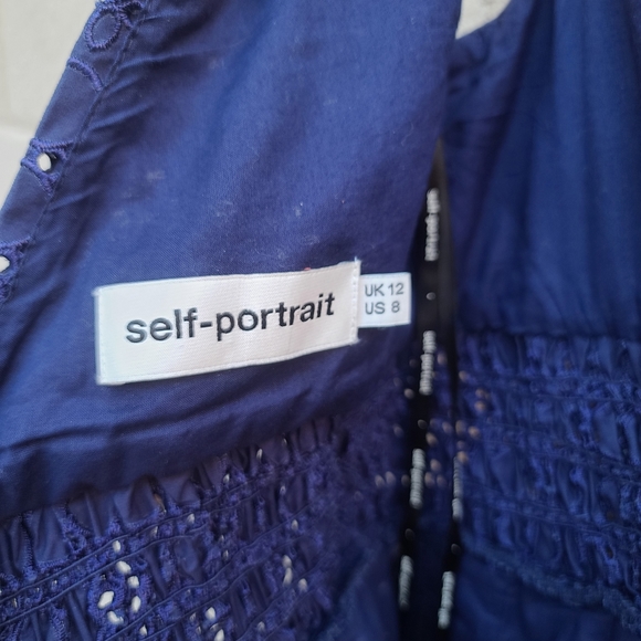 Self-Portrait | Deep V-Neck Broderie-Anglaise Dress in Navy Size 8 - Picture 11 of 15